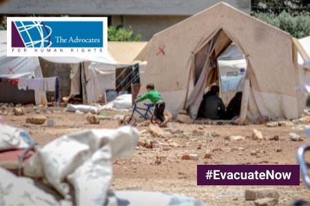 [ai] A boy riding a bicycle in a camp with tents set up in a rocky area. Some adults are visible near one of the tents. A logo for 'The Advocates for Human Rights' and the hashtag '#EvacuateNow' are overlaid in the corners.